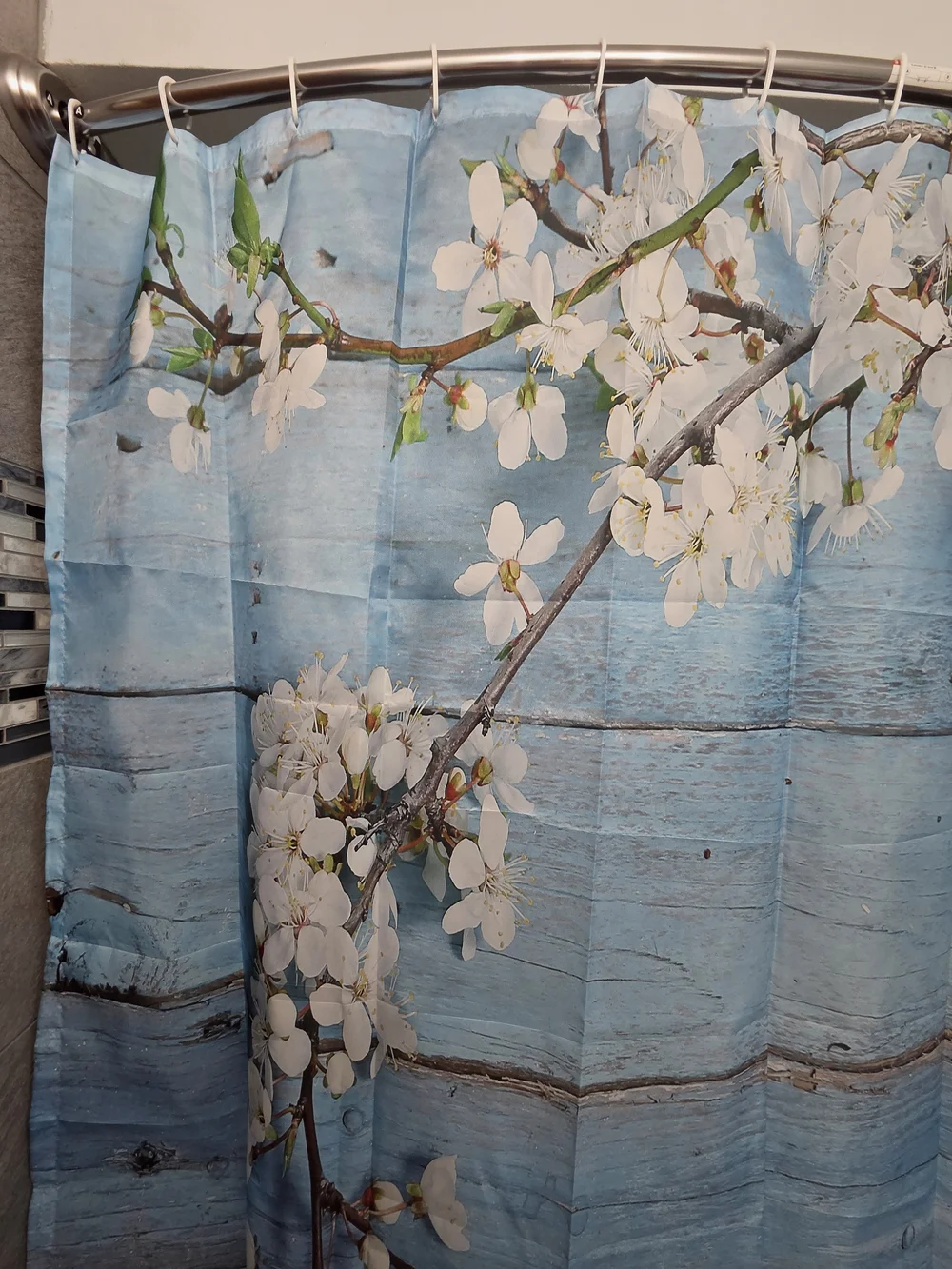 Floral Blue Shower Curtain with White Cherry Blossoms